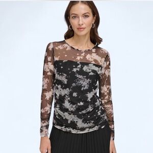 DKNY Women's Printed Mesh Ruched Long-Sleeve Top